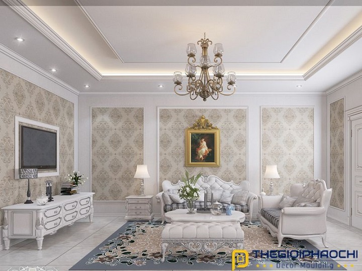 trang trí chỉ tường phòng khách biệt thự cổ điển